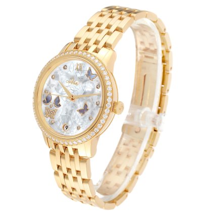 Omega De Ville Prestige Yellow Gold Mother Of Pearl Diamond Ladies Watch 424 55 33 20 55 005 Box Card