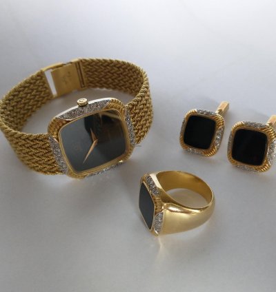Omega Gold Set With Cufflinks And Ring Automatic Diamonds Onyx