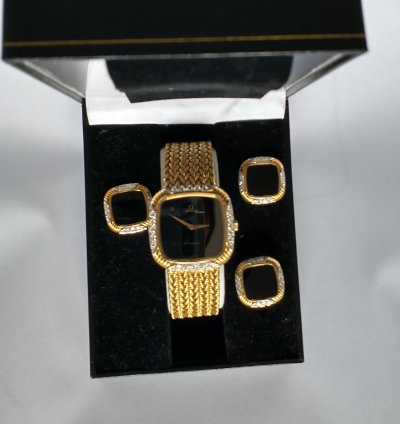 Omega Gold Set With Cufflinks And Ring Automatic Diamonds Onyx
