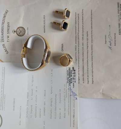 Omega Gold Set With Cufflinks And Ring Automatic Diamonds Onyx
