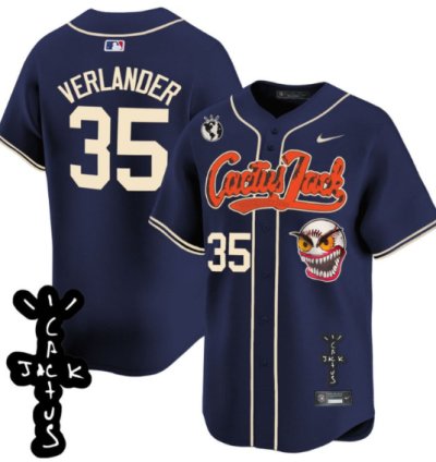 Justin Verlander 35 Houston Astros Cactus Jack Patch V2 Men Jersey - Navy