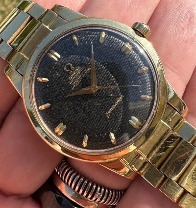 Omega Seamaster 1950 Seamaster 18kt Ref 2521 Bumper Black Honeycomb Dial