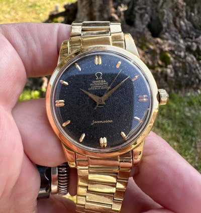Omega Seamaster 1950 Seamaster 18kt Ref 2521 Bumper Black Honeycomb Dial