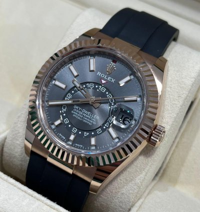 Rolex Sky-dweller 2021 Rose Gold Sky-dweller Oysterflex Rhodium Grey Dial Unworn 326235 Box And Papers