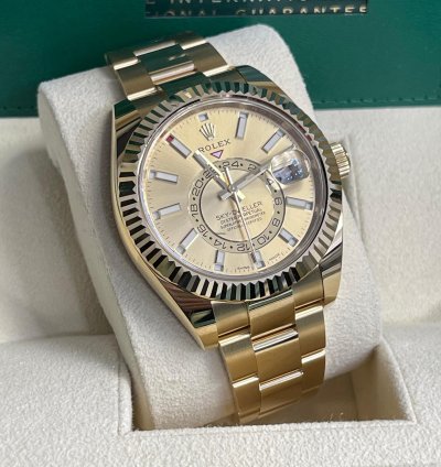 Rolex Sky-dweller 2023 326938 Sky-dweller Yellow Gold Champagne Stick Dial Unworn In Stock