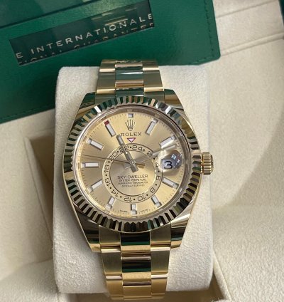 Rolex Sky-dweller 2023 326938 Sky-dweller Yellow Gold Champagne Stick Dial Unworn In Stock