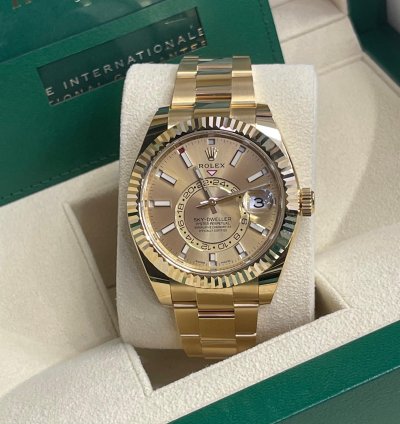 Rolex Sky-dweller 2023 326938 Sky-dweller Yellow Gold Champagne Stick Dial Unworn In Stock