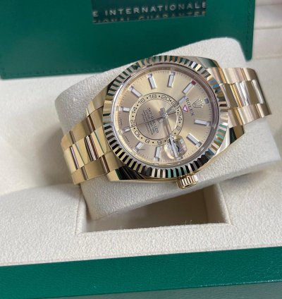 Rolex Sky-dweller 2023 326938 Sky-dweller Yellow Gold Champagne Stick Dial Unworn In Stock