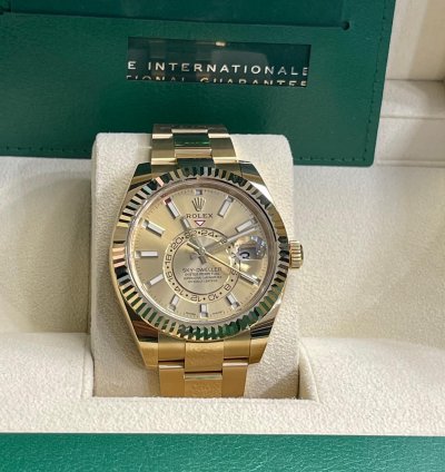 Rolex Sky-dweller 2023 326938 Sky-dweller Yellow Gold Champagne Stick Dial Unworn In Stock