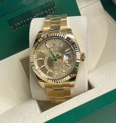 Rolex Sky-dweller 2023 326938 Sky-dweller Yellow Gold Champagne Stick Dial Unworn In Stock
