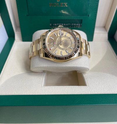 Rolex Sky-dweller 2023 326938 Sky-dweller Yellow Gold Champagne Stick Dial Unworn In Stock