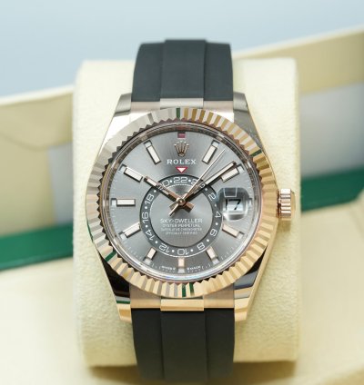 Rolex Sky-dweller 2024 Rose Gold Sky-dweller Oysterflex Rhodium Dial Unworn Box Papers 336235