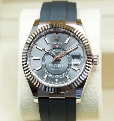 Rolex Sky-dweller 2024 Rose Gold Sky-dweller Oysterflex Rhodium Dial Unworn Box Papers 336235