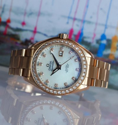 Omega Seamaster Aqua Terra Teaked Diamond Dial 231 55 34 20 55 001 34mm 18k Yg Womens Watch