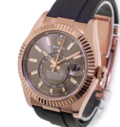 Rolex Sky-dweller 42mm Everose Gold Chocolate Index Dial Fluted Bezel 326235