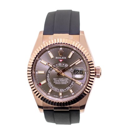 Rolex Sky-dweller 42mm Everose Gold Chocolate Index Dial Fluted Bezel 326235