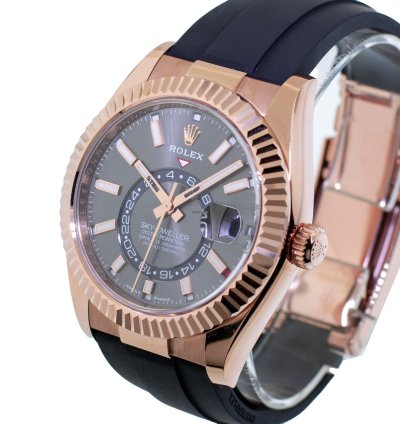 Rolex Sky-dweller 42mm Everose Gold Rhodium Index Dial Fluted Bezel 336235