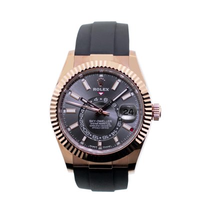 Rolex Sky-dweller 42mm Everose Gold Rhodium Index Dial Fluted Bezel 336235