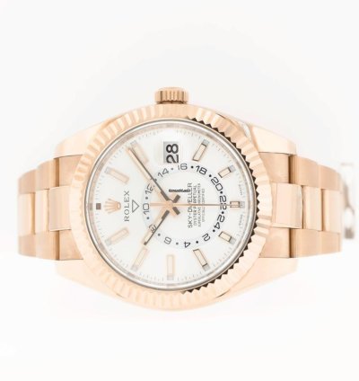 Rolex Sky-dweller 42mm Everose Gold White Index Dial Fluted Bezel 326935