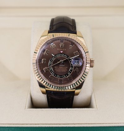 Rolex Sky-dweller 42mm Fluted Bezel Chocolate Sunray Arabic Dial Leather Band 326135