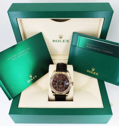 Rolex Sky-dweller 42mm Fluted Bezel Chocolate Sunray Arabic Dial Leather Band 326135