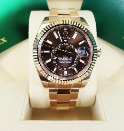 Rolex Sky-dweller 42mm Fluted Bezel Everose Gold Chocolate Index Dial Oyster Band 326935