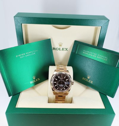 Rolex Sky-dweller 42mm Fluted Bezel Everose Gold Chocolate Index Dial Oyster Band 326935