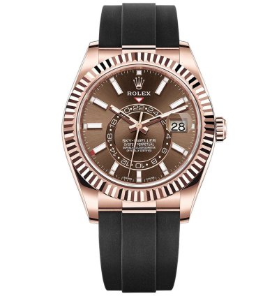 Rolex Sky-dweller 42mm Fluted Bezel Everose Gold Chocolate Index Dial Oysterflex Band 336235