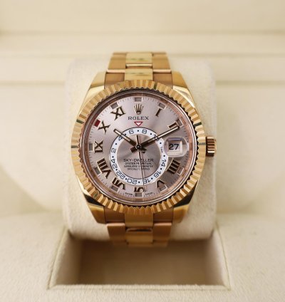 Rolex Sky-dweller 42mm Fluted Bezel Everose Gold Pink Roman Arabic Dial Oyster Band 326935