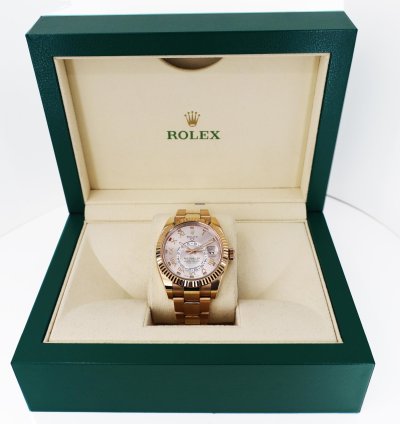 Rolex Sky-dweller 42mm Fluted Bezel Everose Gold Pink Roman Arabic Dial Oyster Band 326935