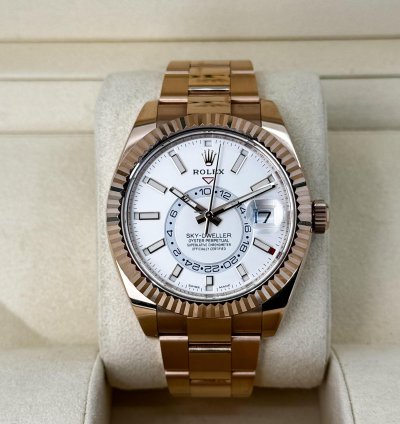Rolex Sky-dweller 42mm Fluted Bezel Everose Gold White Index Dial Oyster Band 326935