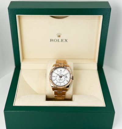 Rolex Sky-dweller 42mm Fluted Bezel Everose Gold White Index Dial Oyster Band 326935