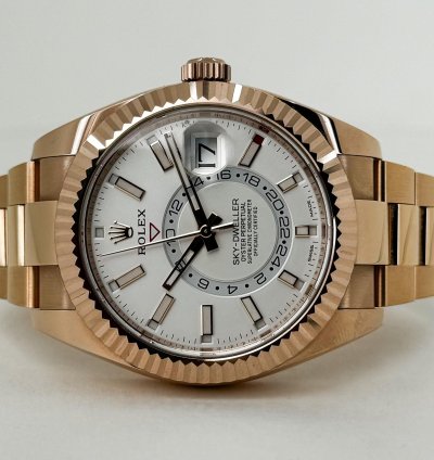 Rolex Sky-dweller 42mm Fluted Bezel Everose Gold White Index Dial Oyster Band 326935