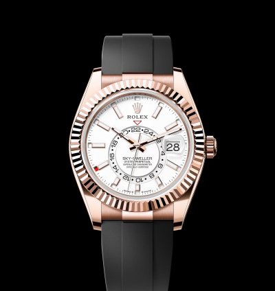 Rolex Sky-dweller 42mm Fluted Bezel Everose Gold White Index Dial Oysterflex Band 336235