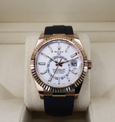 Rolex Sky-dweller 42mm Fluted Bezel Rose Gold White Index Dial Oysterflex Band 326235
