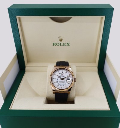 Rolex Sky-dweller 42mm Fluted Bezel Rose Gold White Index Dial Oysterflex Band 326235