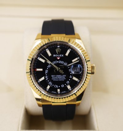 Rolex Sky-dweller 42mm Fluted Bezel Yellow Gold Black Index Dial Oysterflex Band 326238