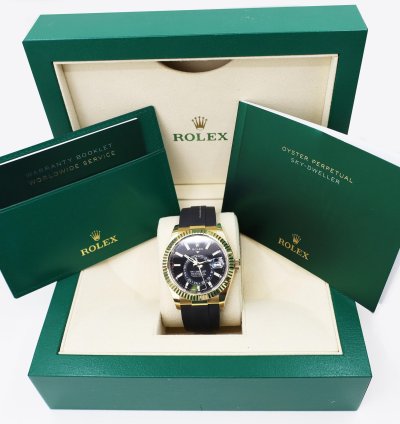Rolex Sky-dweller 42mm Fluted Bezel Yellow Gold Black Index Dial Oysterflex Band 326238