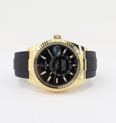 Rolex Sky-dweller 42mm Fluted Bezel Yellow Gold Black Index Dial Oysterflex Band 326238