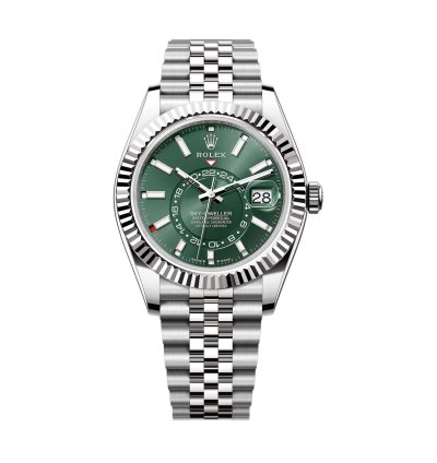 Rolex Sky-dweller 42mm Stainless Steel Green Dial 18k Fluted Bezel Jubilee Bracelet