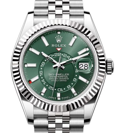 Rolex Sky-dweller 42mm Stainless Steel Green Dial 18k Fluted Bezel Jubilee Bracelet