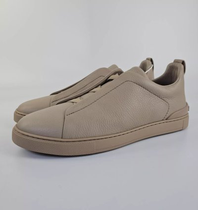 Zegna Triple Stitch Off White Leather Low Top Sneakers New