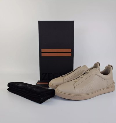 Zegna Triple Stitch Off White Leather Low Top Sneakers New