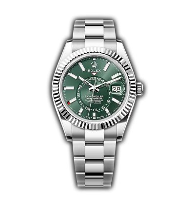 Rolex Sky-dweller 42mm Stainless Steel Green Dial 18k Fluted Bezel Oyster Bracelet