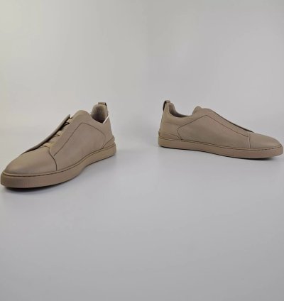 Zegna Triple Stitch Off White Leather Low Top Sneakers New