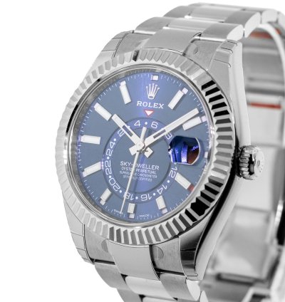 Rolex Sky-dweller 42mm White Gold Steel Blue Index Dial Fluted Bezel 336934