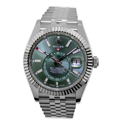 Rolex Sky-dweller 42mm White Gold Steel Green Index Dial Fluted Bezel 336934