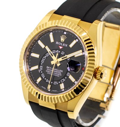 Rolex Sky-dweller 42mm Yellow Gold Black Index Dial Fluted Bezel 326238