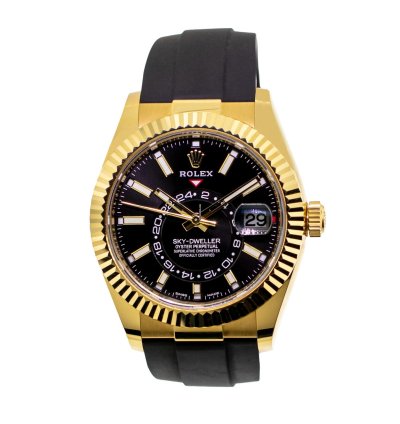 Rolex Sky-dweller 42mm Yellow Gold Black Index Dial Fluted Bezel 326238