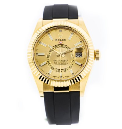Rolex Sky-dweller 42mm Yellow Gold Champagne Index Dial Fluted Bezel 326238